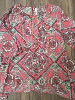 Leshop Women's LG Coral Turquoise Paisly Sheer Boho 3/4 Sleeves Top